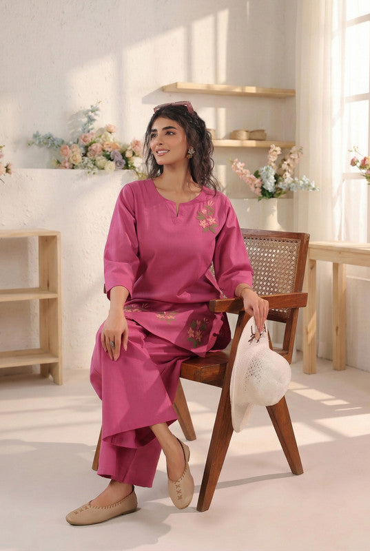 Rose Pink Floral Embroidered Cotton Flex Co-ord Set