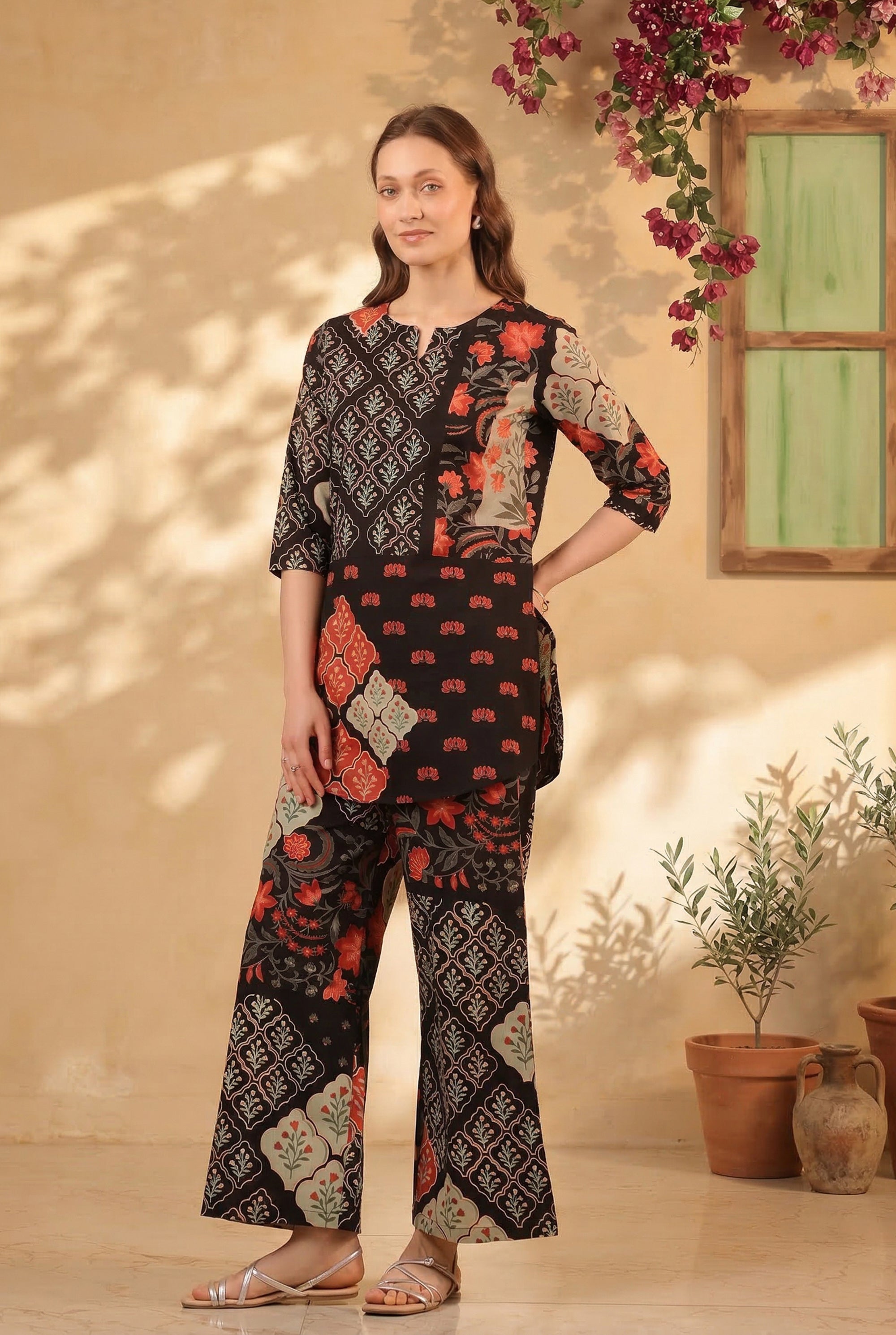 Black Ethnic Traditional Print Top and Pant Cotton Co-ord Set