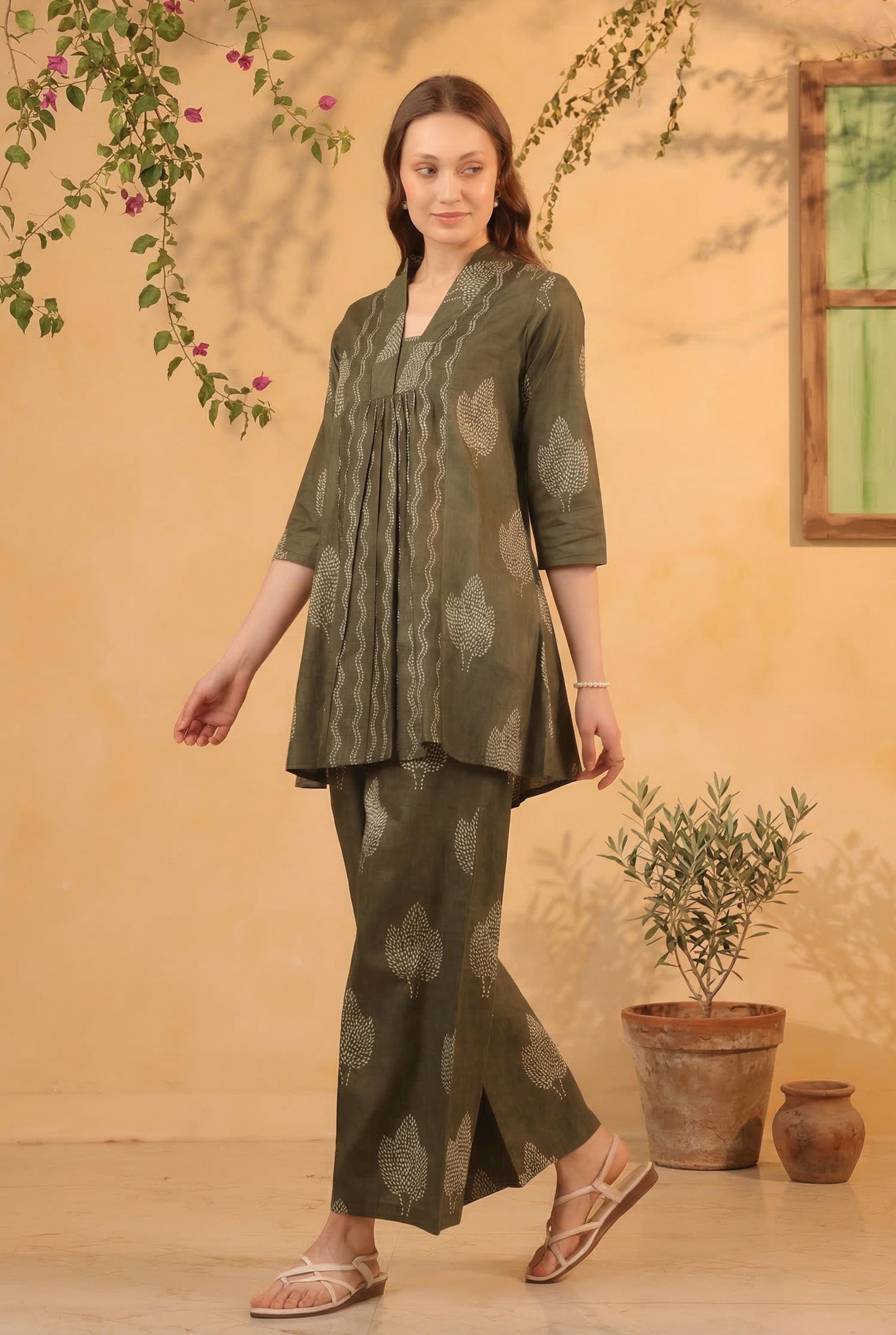 Olive Green Nature Leaf Printed Tunic & Pant Cotton Co-ord Set