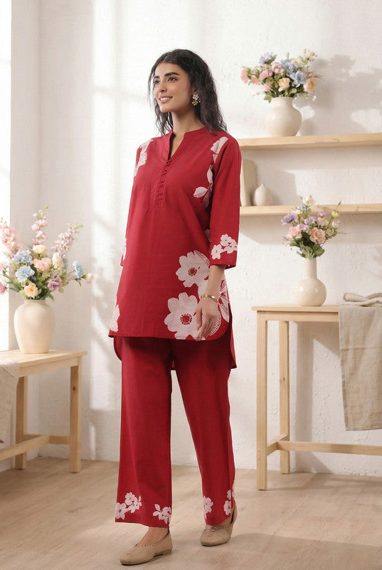 Red Floral Printed Cotton  Co-ord Set with Matching Pants