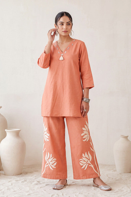 Peach Floral Cotton Flex Embroidered Co-Ord Set