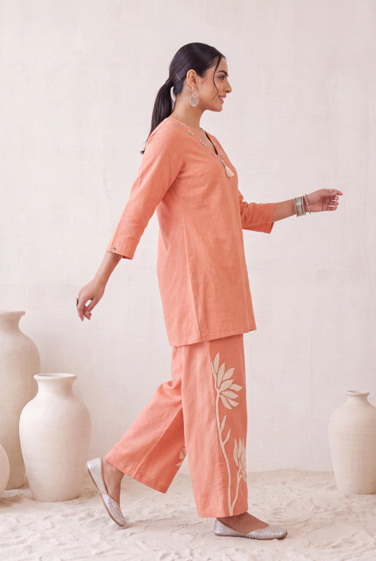Peach Floral Cotton Flex Embroidered Co-Ord Set