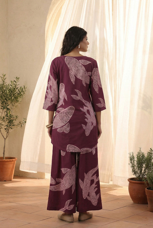 Purple Fish Motif Printed Cotton Co-ord Set