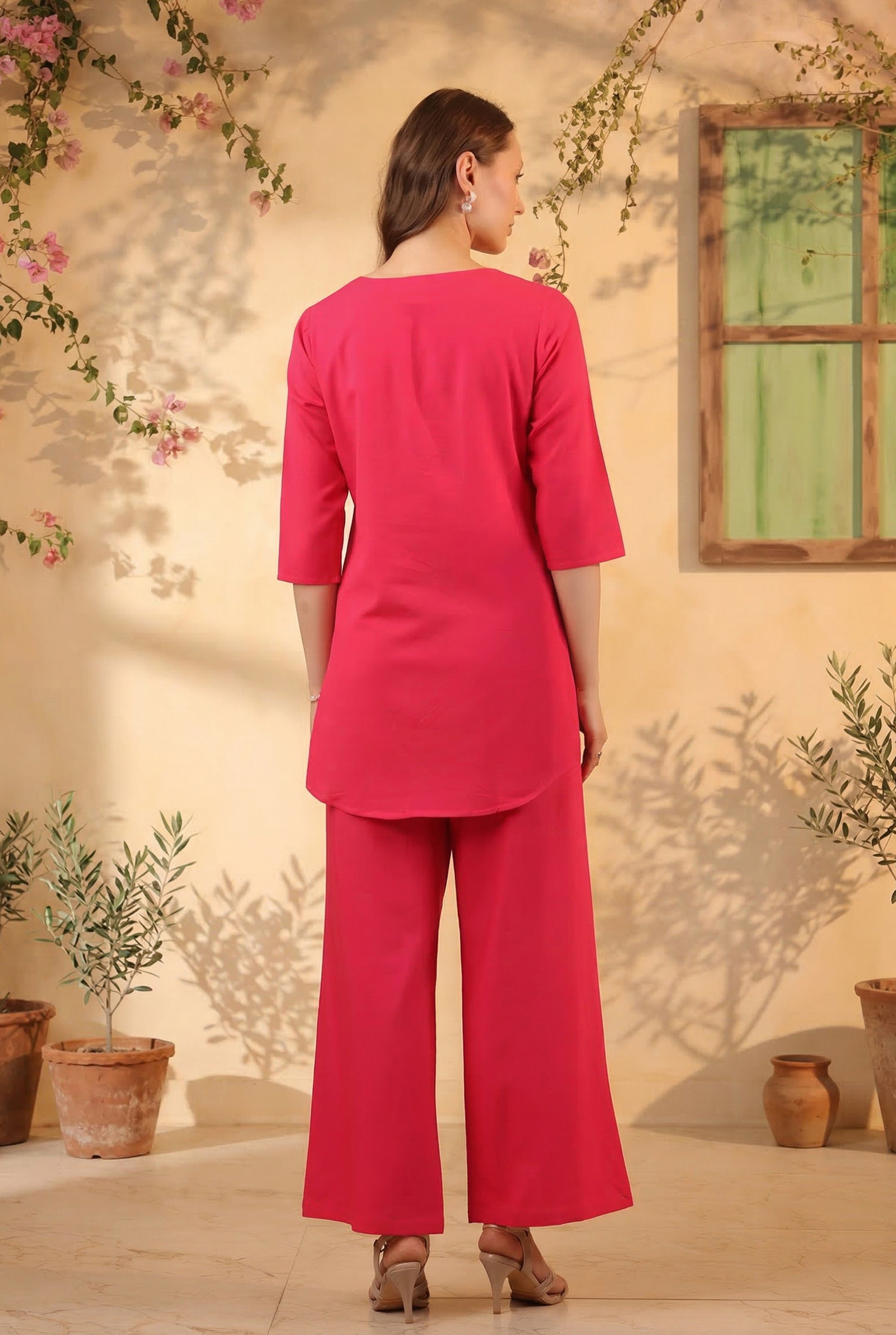 Pink Traditional Gold Leaf Motif Embroidered Cotton Flex Two Piece Co-ord Set