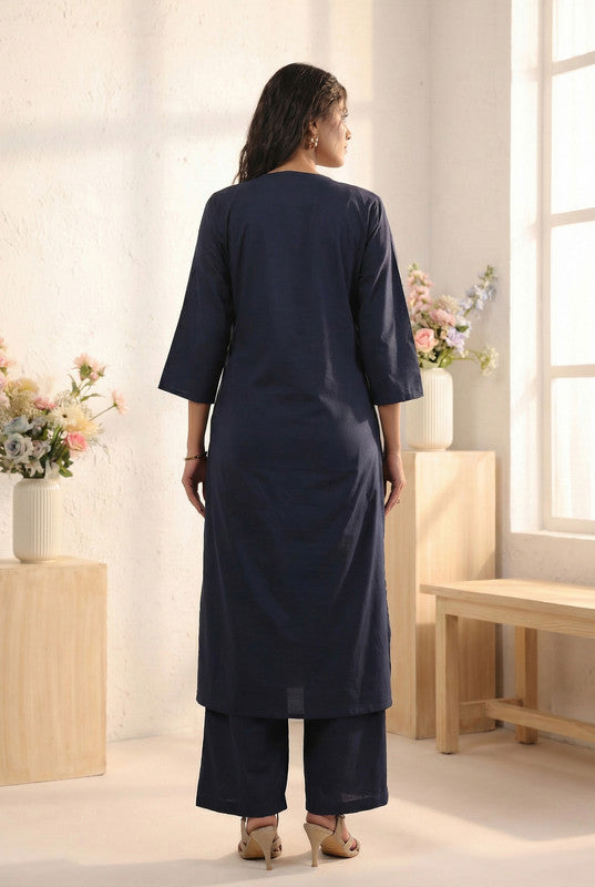Navy Blue Solid Pintuck A-Line Cotton Kurta with Straight Pants