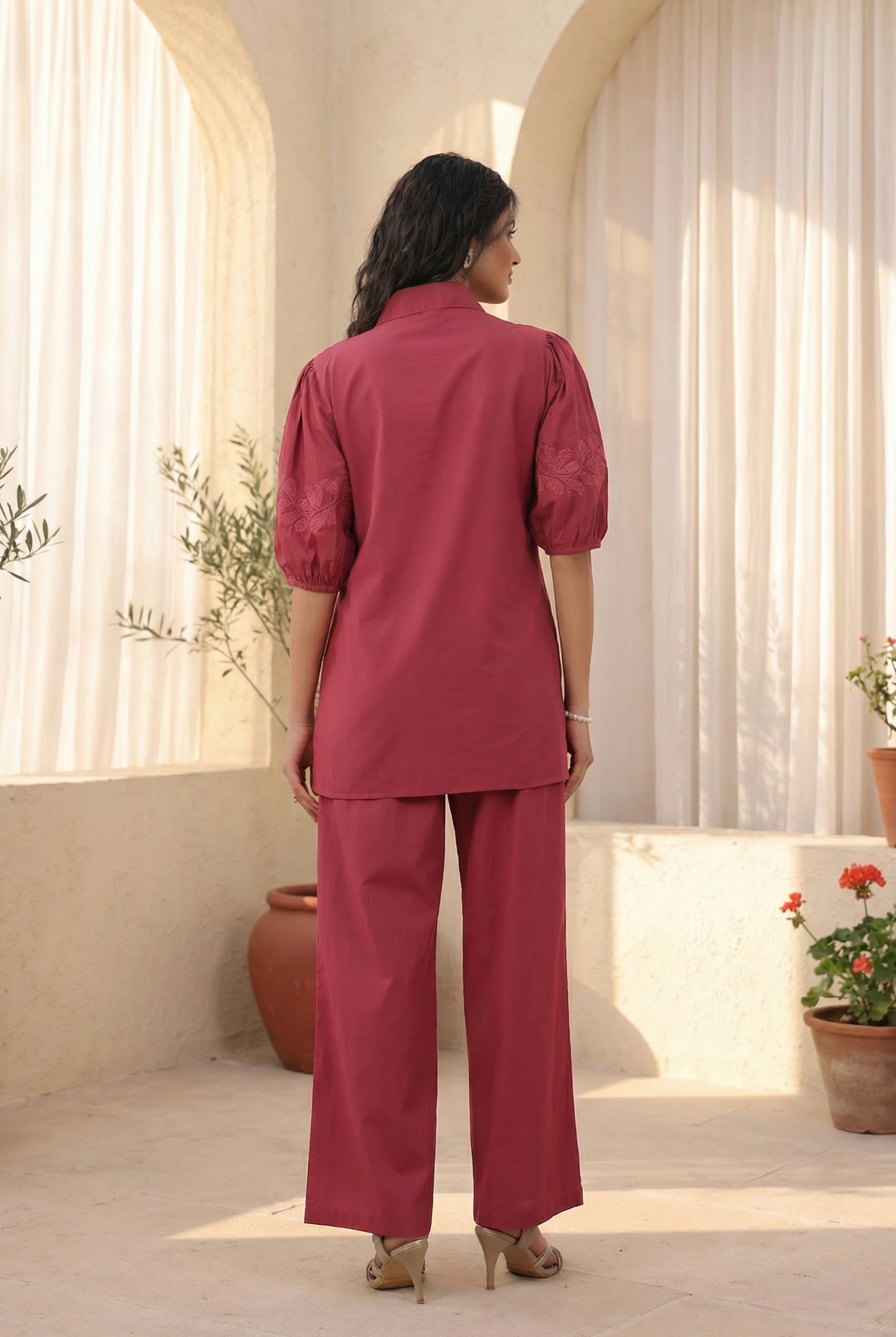 Pink Leaf Printed Designer Cotton Co-ord Set with Puff Sleeves