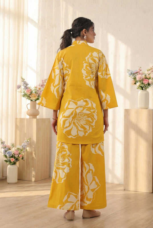 Mustard Yellow Large Floral Printed Cotton Co-ord Set with Button Placket