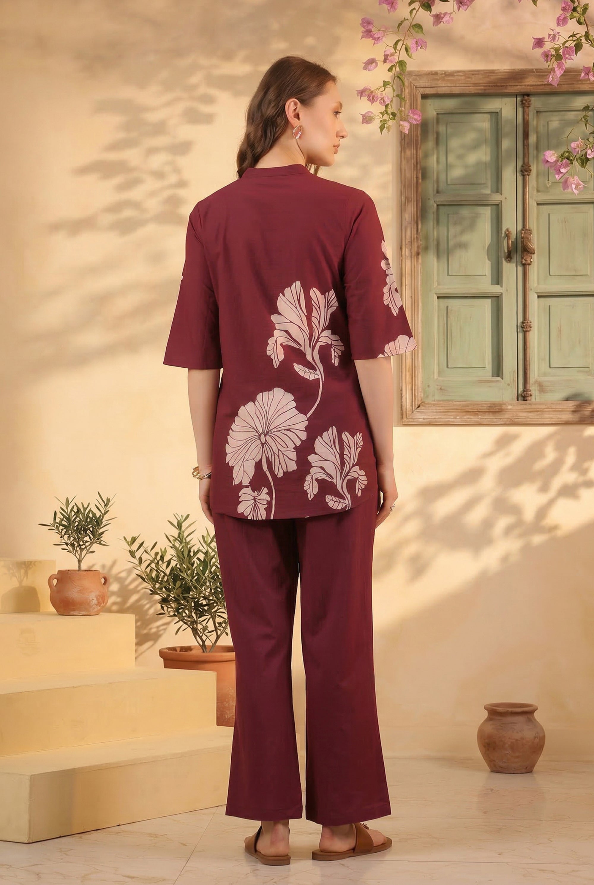 Wine Elegant Design Floral Leaf Printed Cotton Top & Pant Co-ord Set
