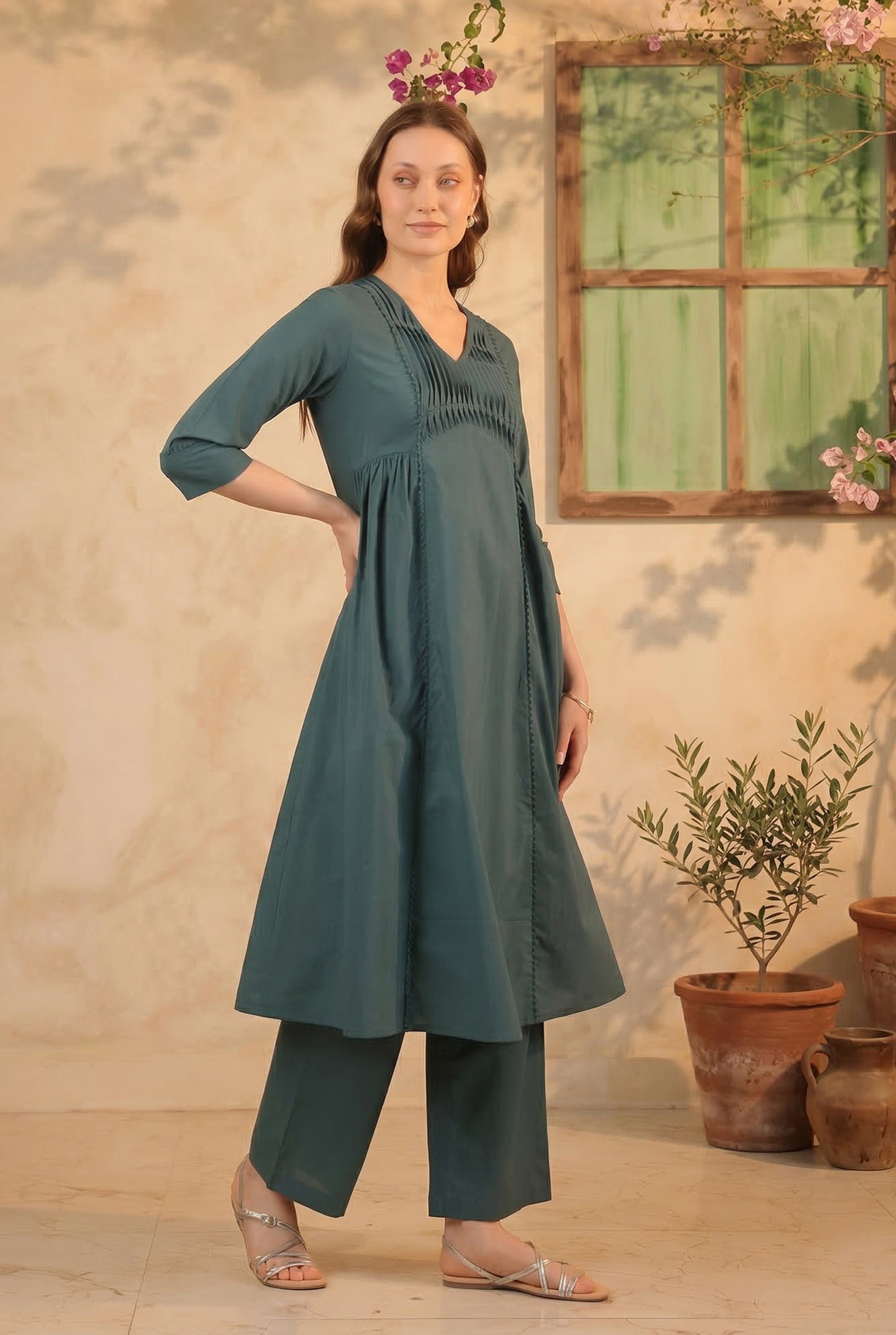 Green Classic Pintuck Solid Cotton Designer Kurta with Pant Set