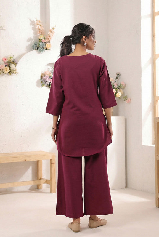 Wine Minimal Heart Motif Embroidered Cotton Flex Co-ord Set