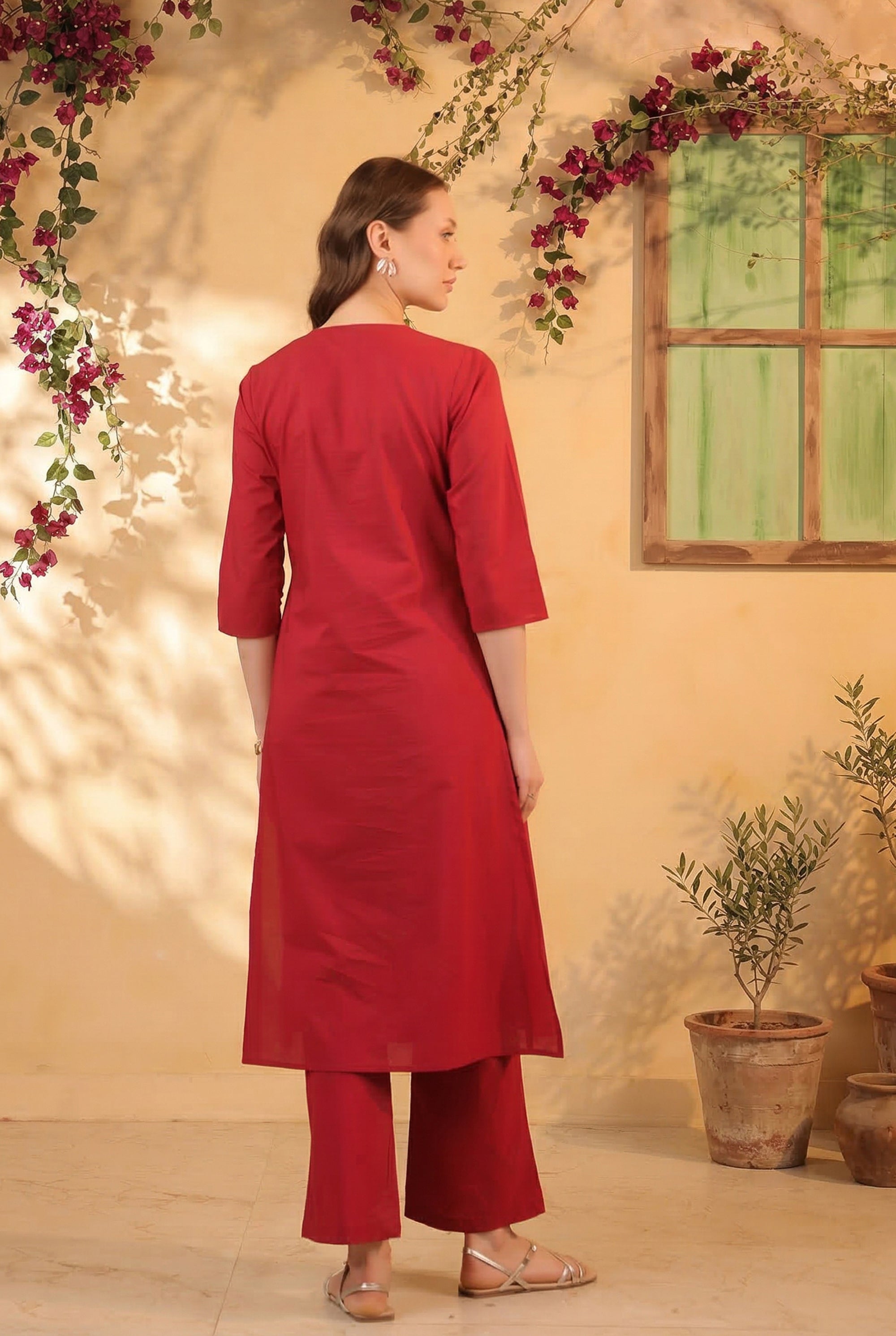 Red Minimal Pintuck A-Line Solid Designer Cotton Kurta with Pant Set