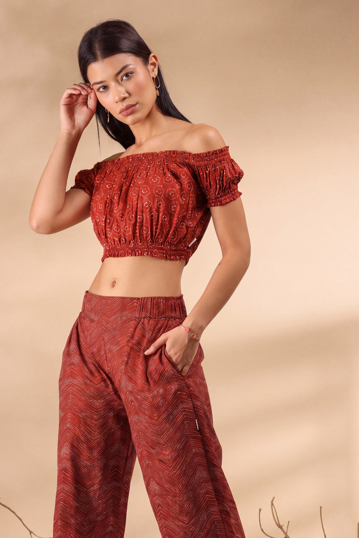 Abstract on Maroon Off-Shoulder Cotton Co-ord Set
