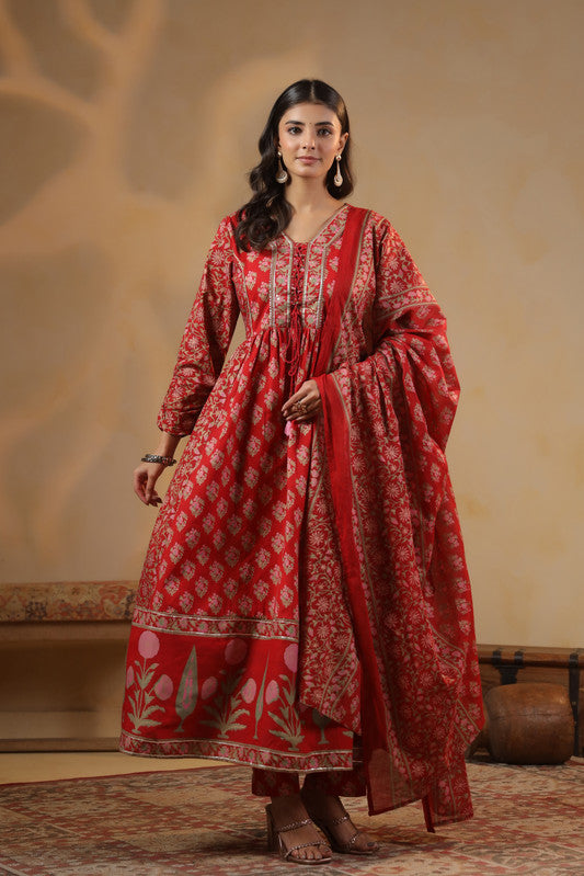 Red Floral Printed Anarkali Kurta Set with Dupatta