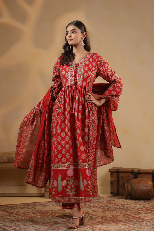 Red Floral Printed Anarkali Kurta Set with Dupatta