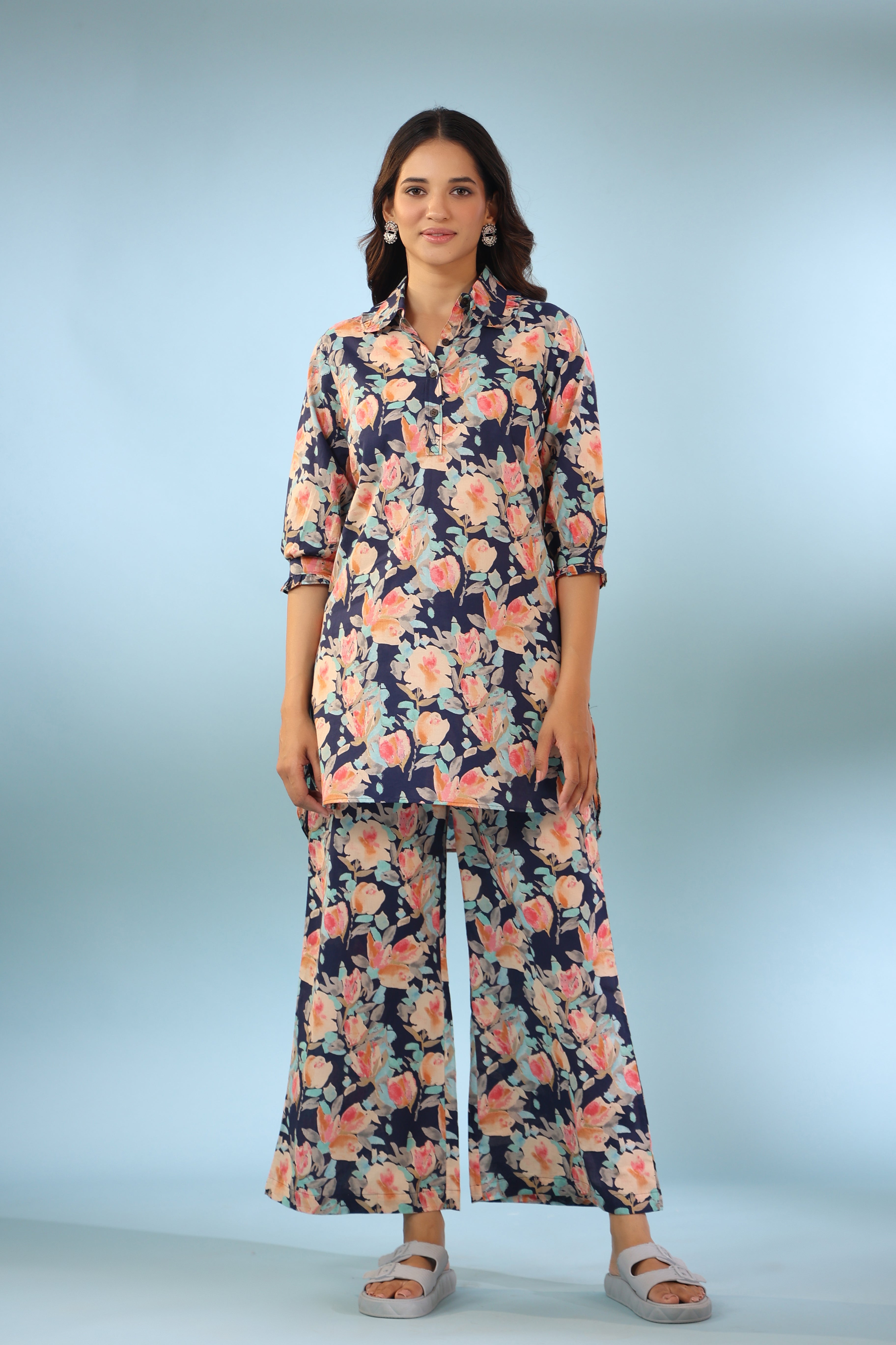 Painted Florals on Cotton Palazzo Loungewear Set