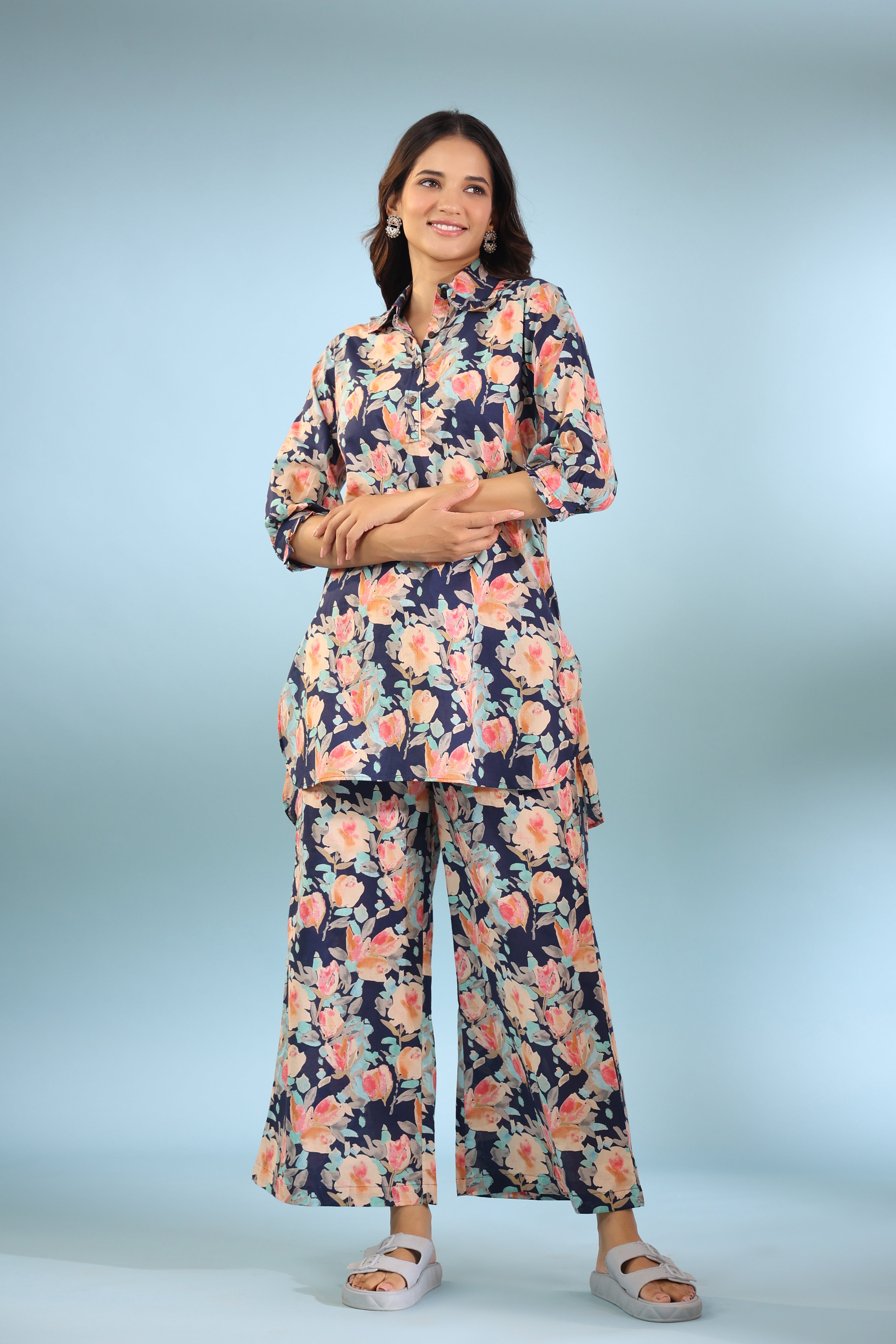 Painted Florals on Cotton Palazzo Loungewear Set