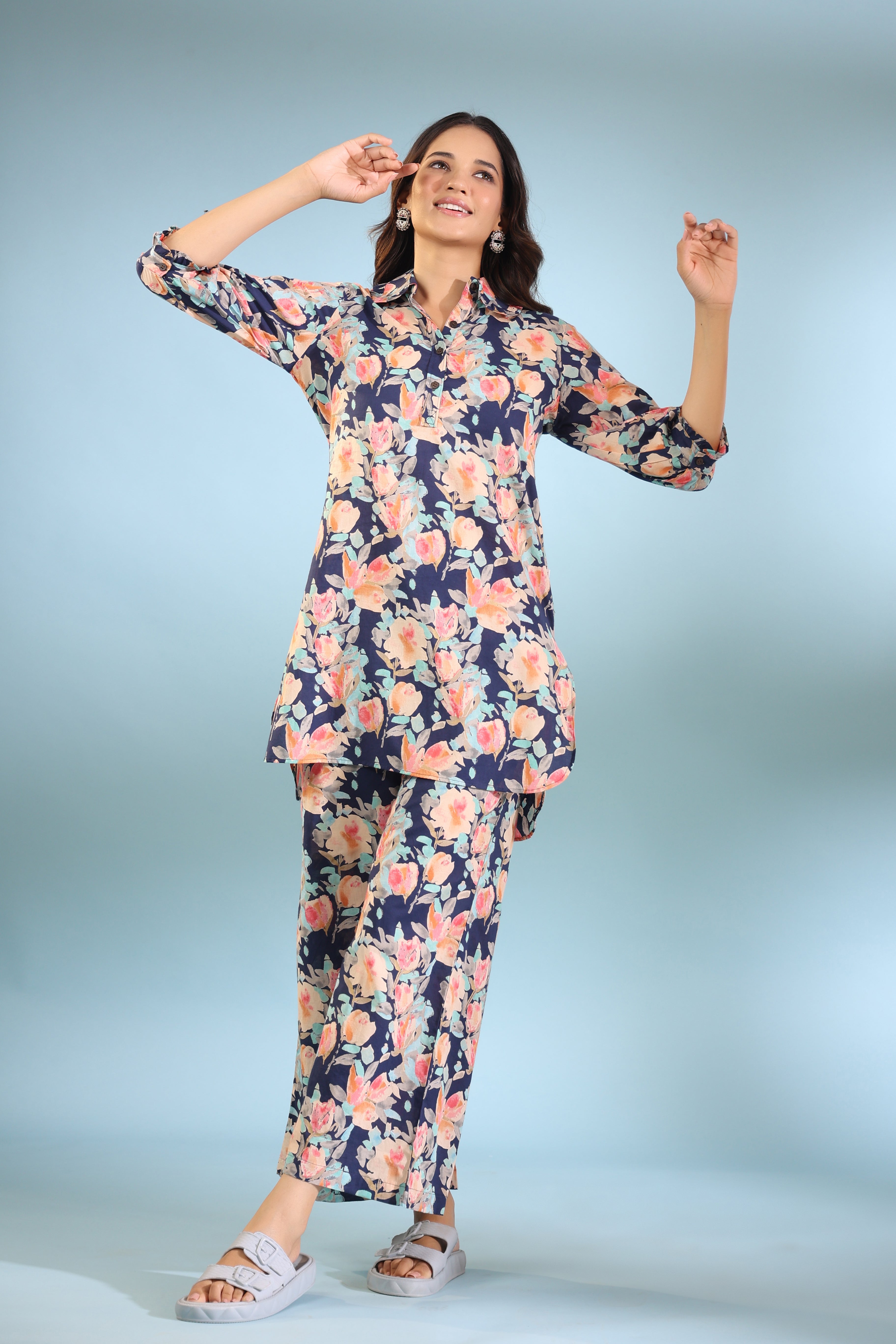 Painted Florals on Cotton Palazzo Loungewear Set