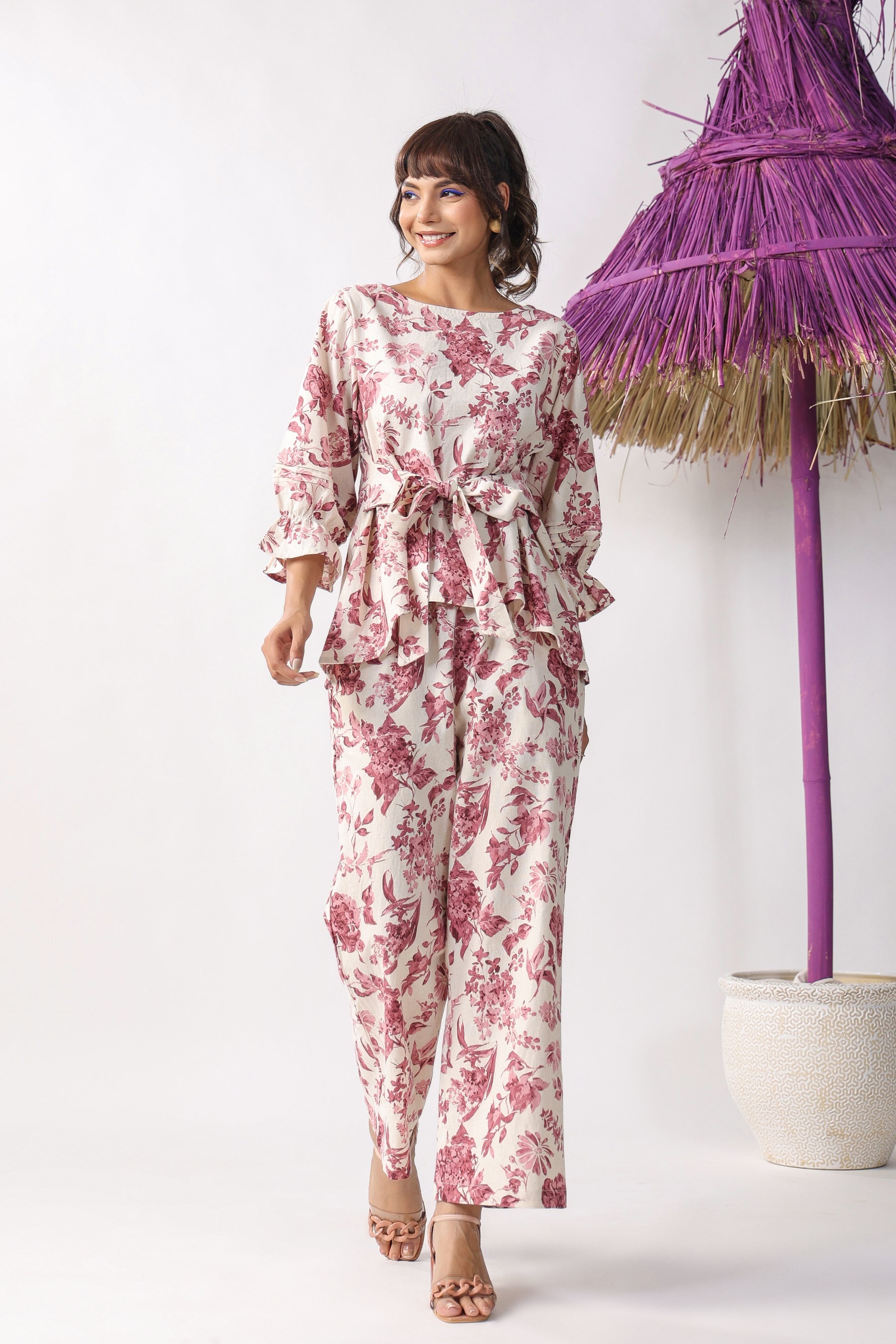 Pink Flower Bloom On Cotton Flex Co-ord Set