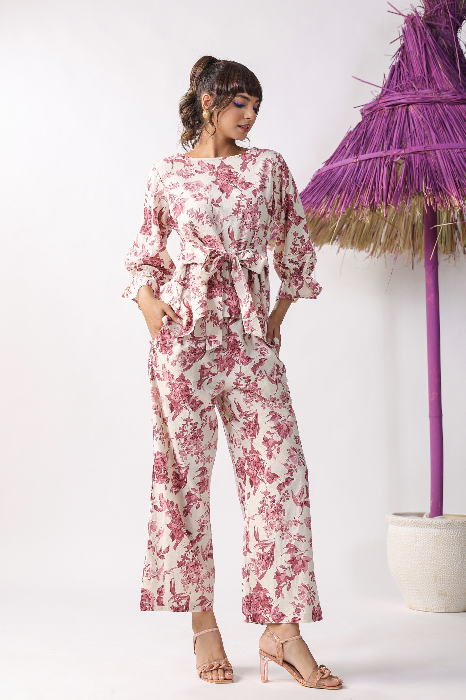 Pink Flower Bloom On Cotton Flex Co-ord Set