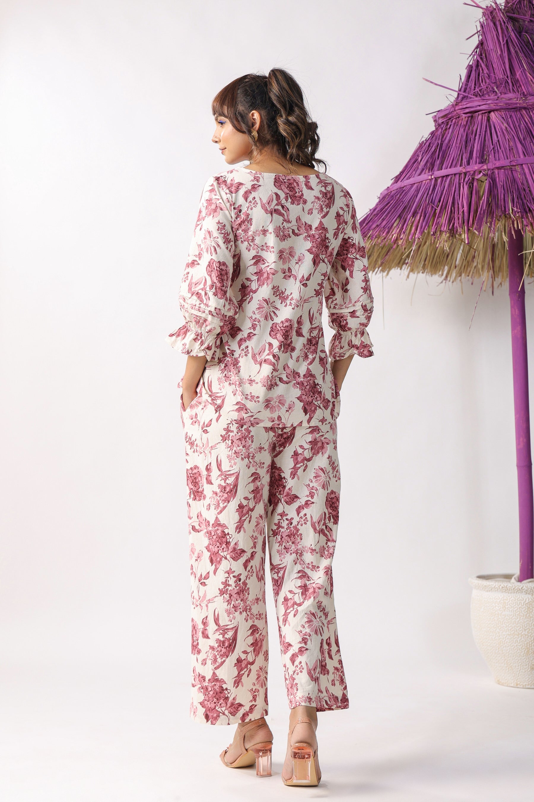 Pink Flower Bloom On Cotton Flex Co-ord Set