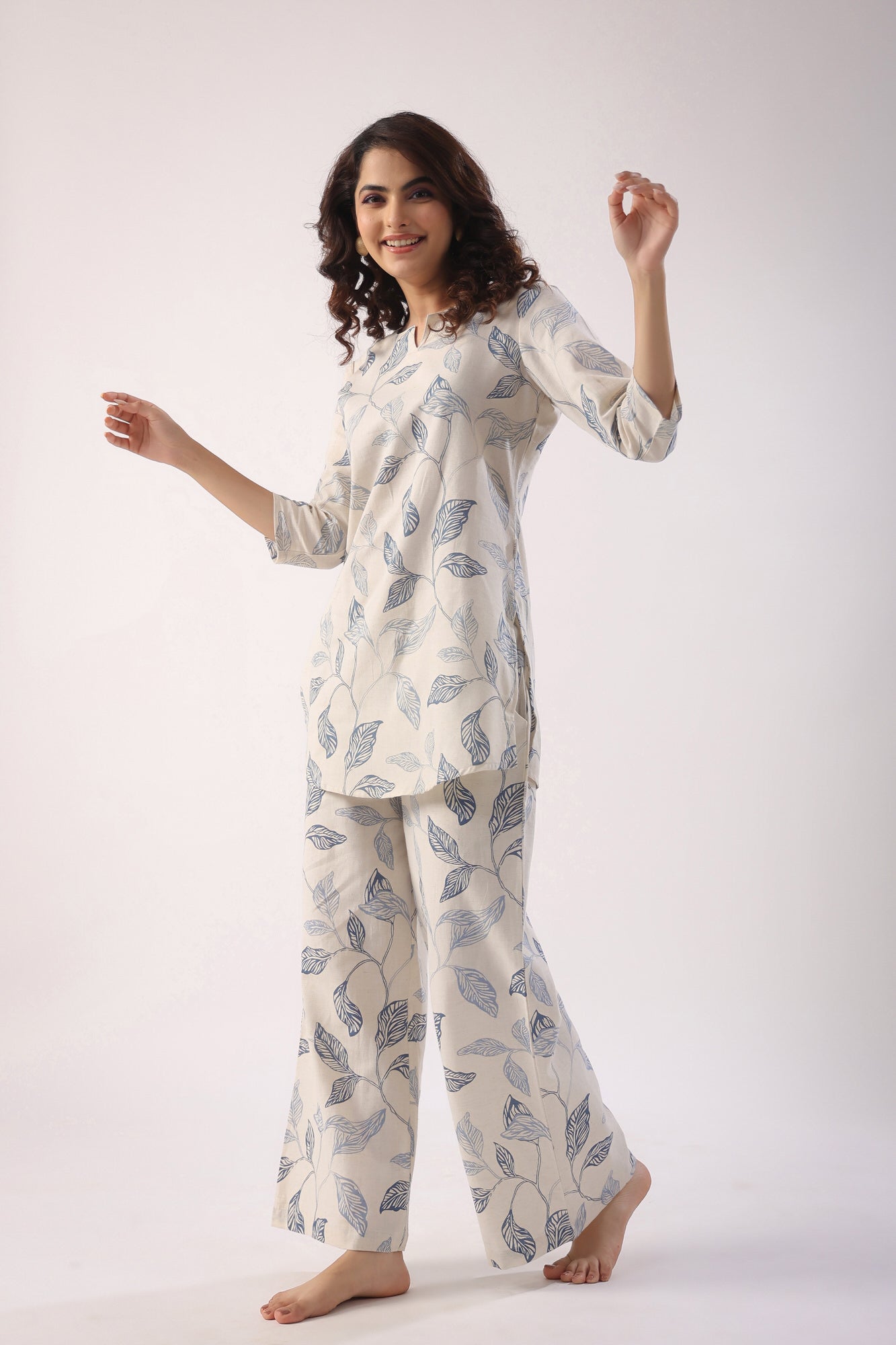 Leaves On Cotton Flex Palazzo Loungewear Set