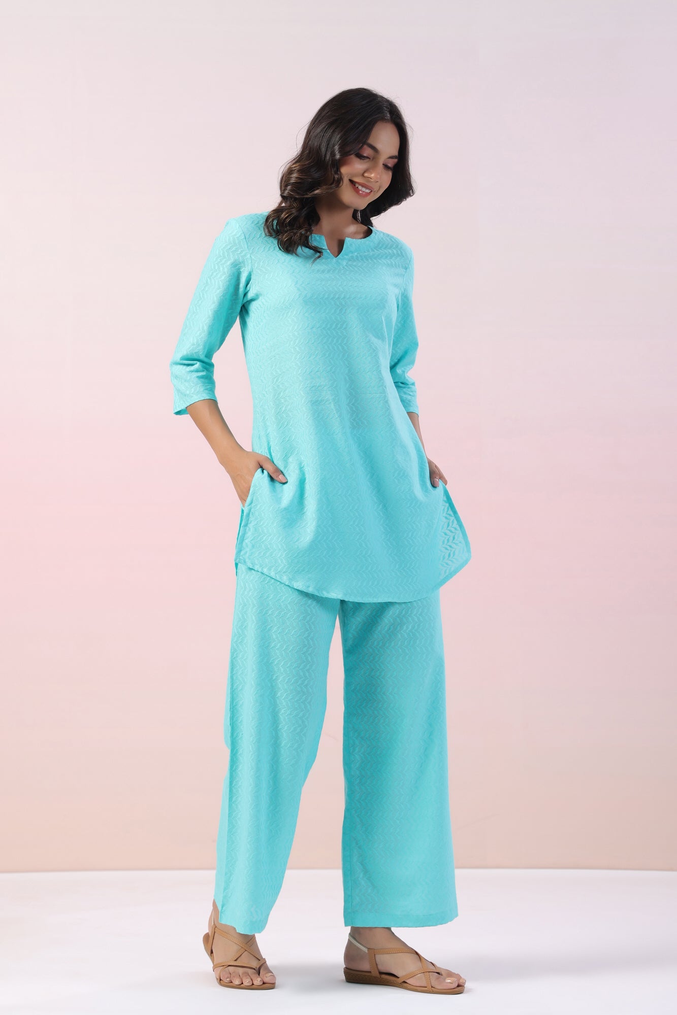 Ocean Solid Cotton Palazzo Loungewear Set