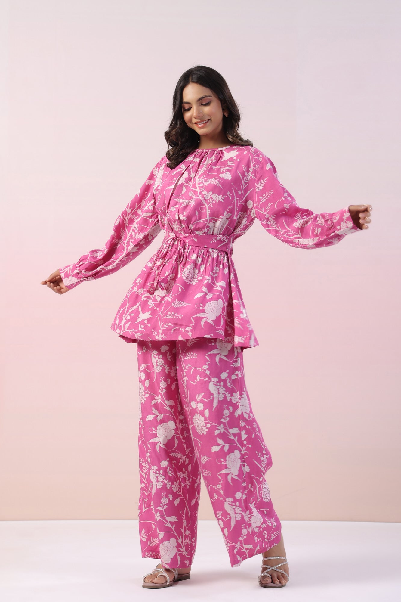 Zinnia Pink Floral Russian Silk Coord Set