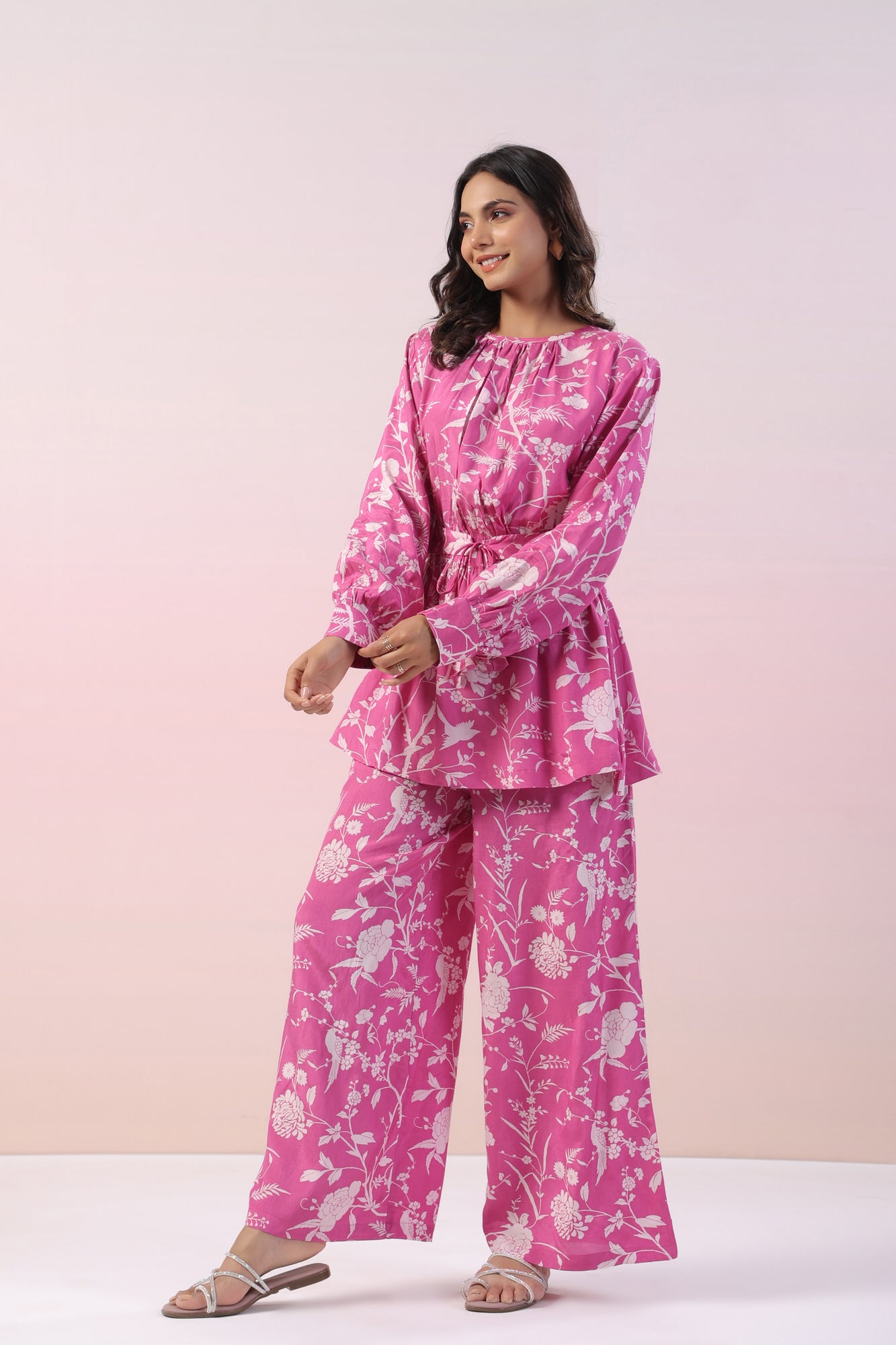 Zinnia Pink Floral Russian Silk Coord Set