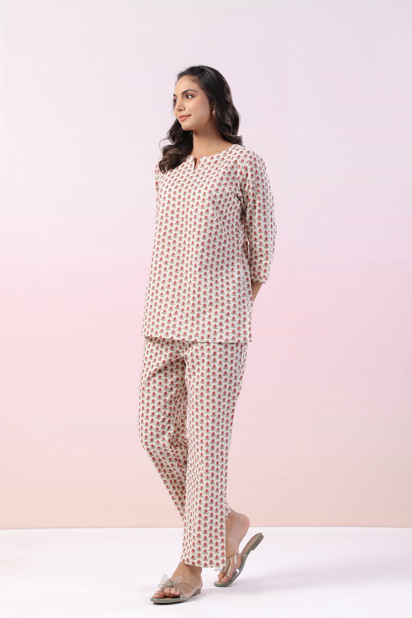 Magnolia Motifs Cotton Loungewear Top Set