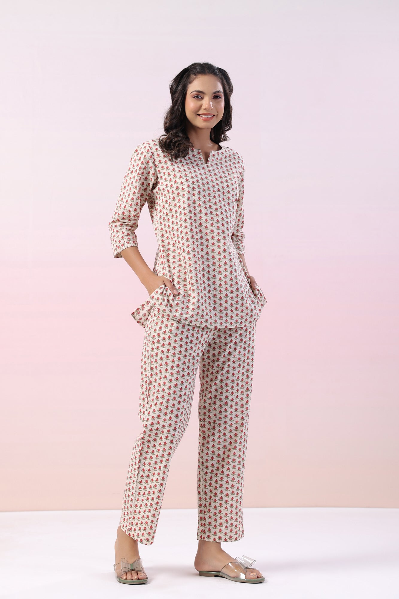 Magnolia Motifs Cotton Loungewear Top Set