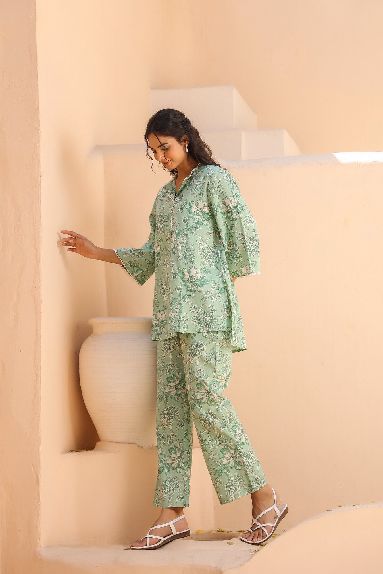 Mint Floral Khadi Cotton Coord Set