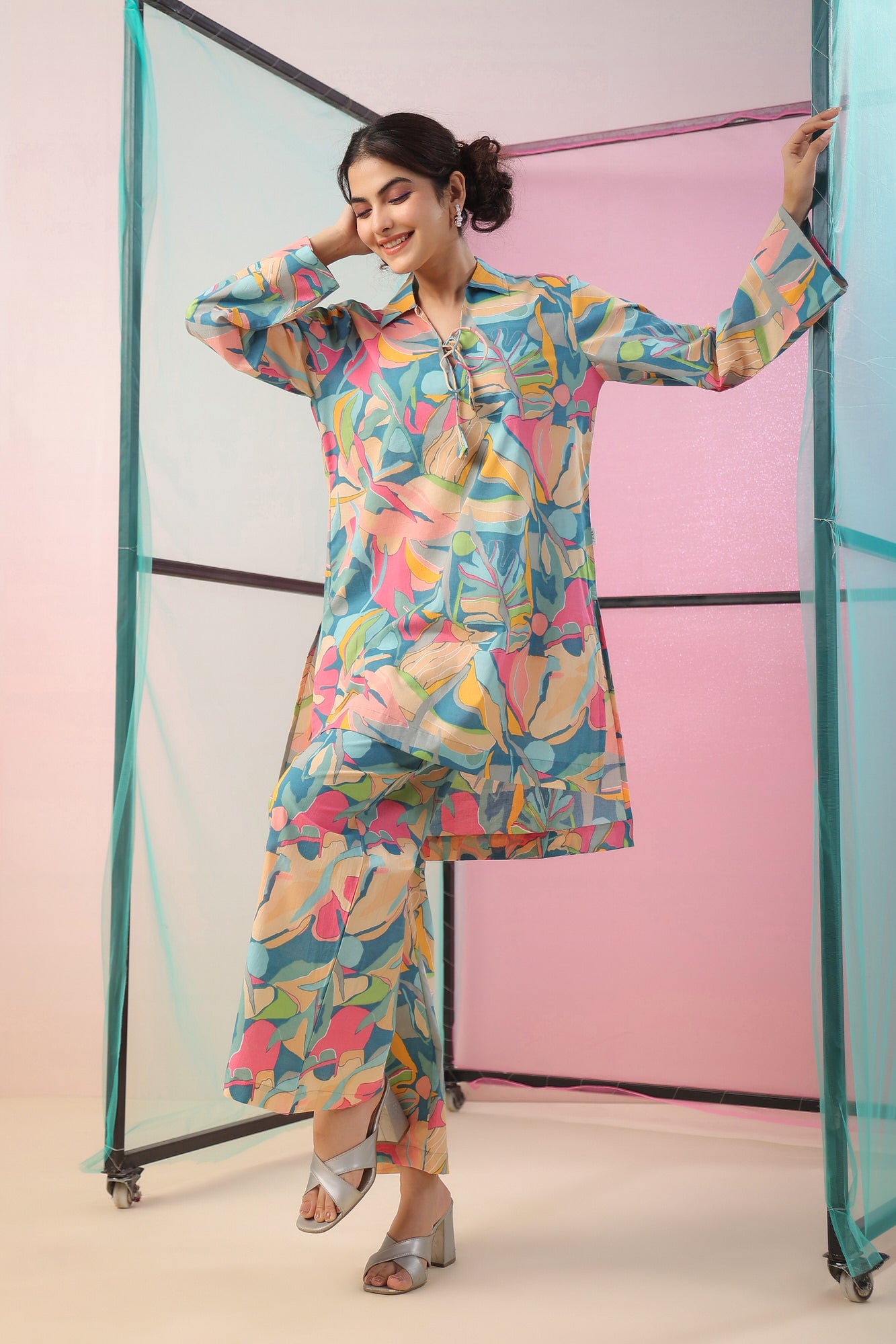 Abstract Art On Blue Palazzo Loungewear Set