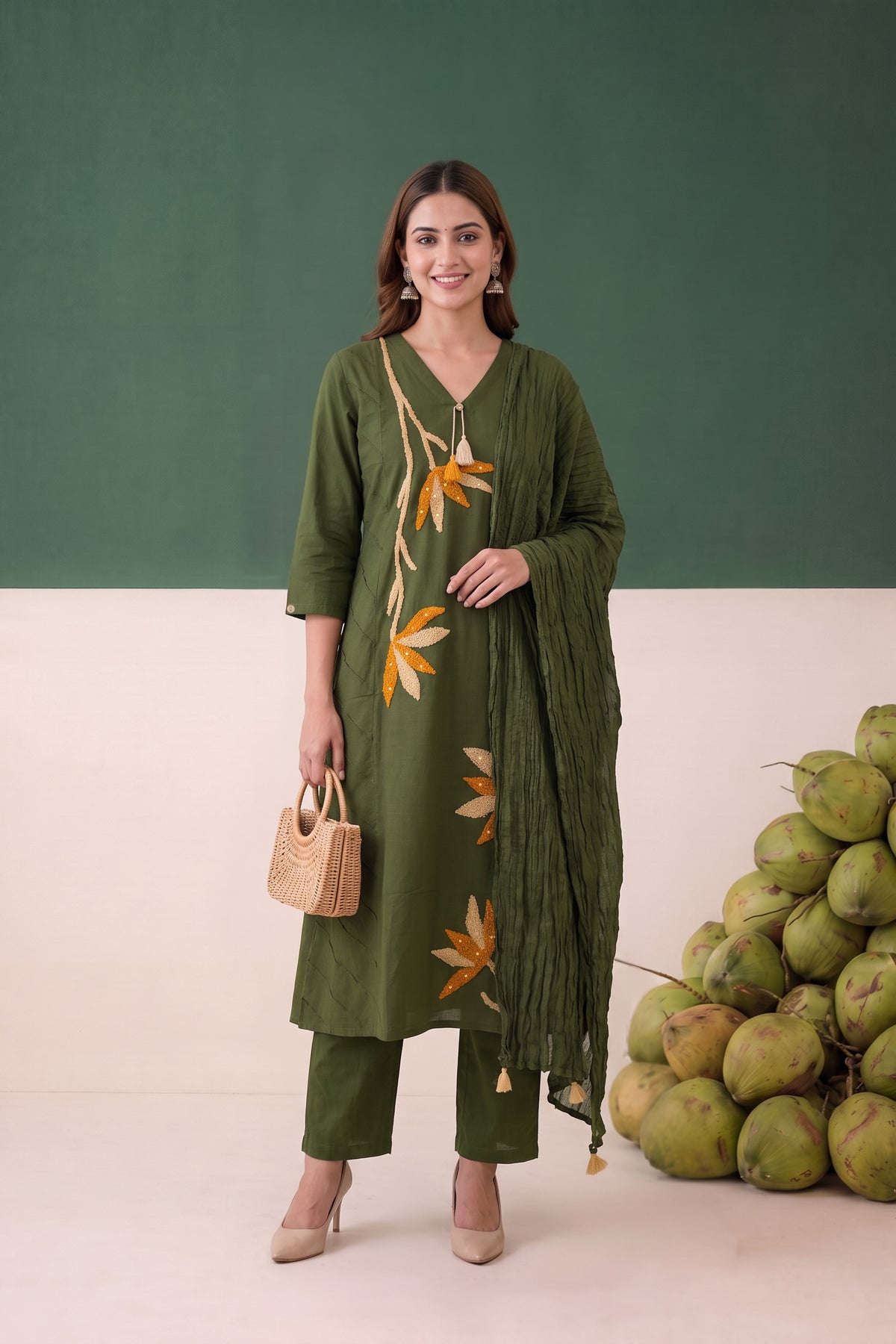Green Floral Nature-Inspired Embroidered Cotton Kurta Set with Textured Dupatta