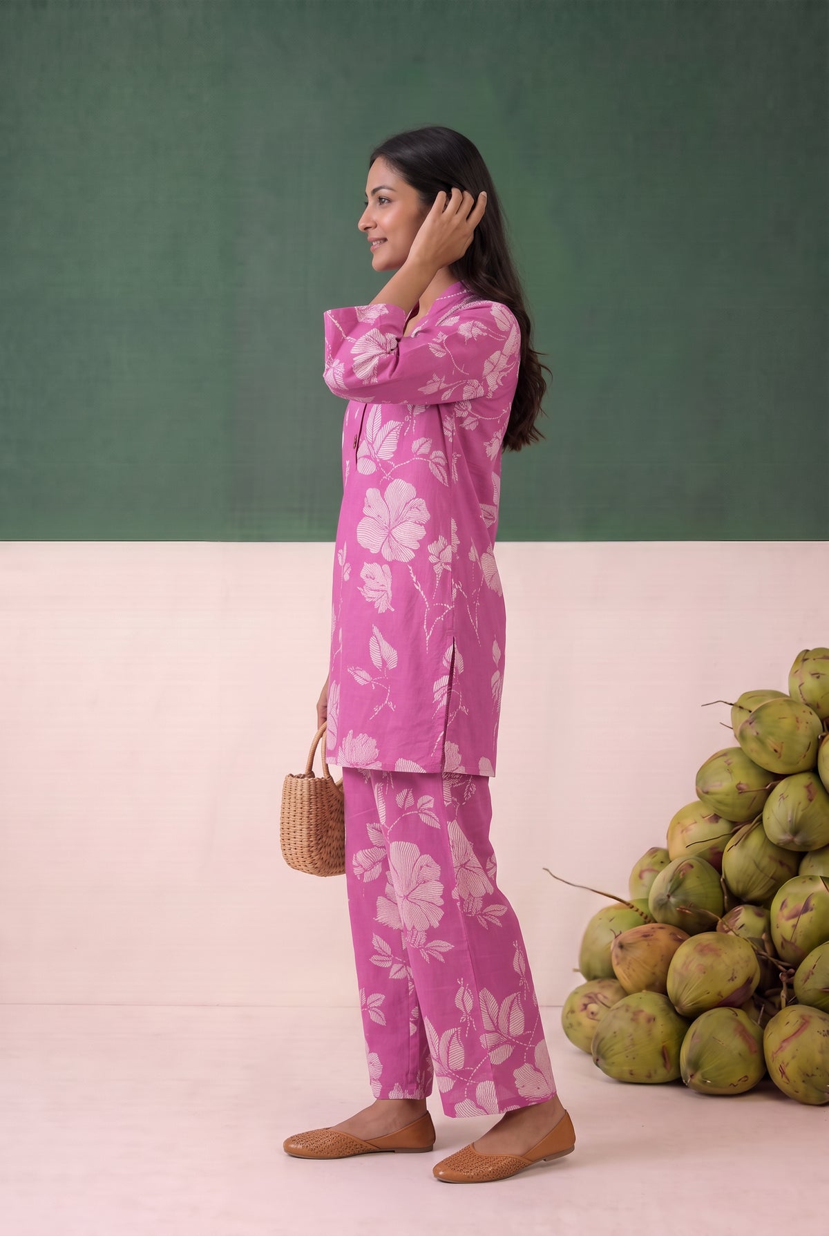 Pink All-Over Floral Foliage Printed Cotton Co-ord Set