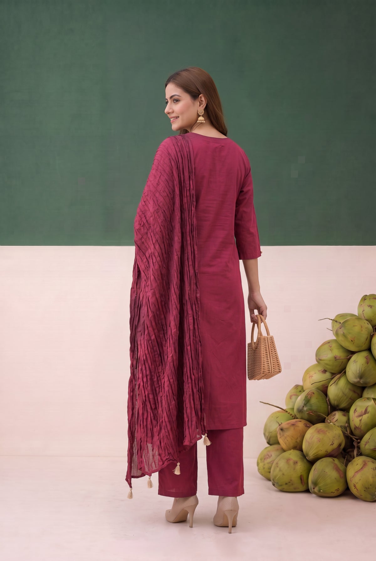 Maroon Artistic Floral Embroidered Cotton Kurta Set with Crushed Dupatta