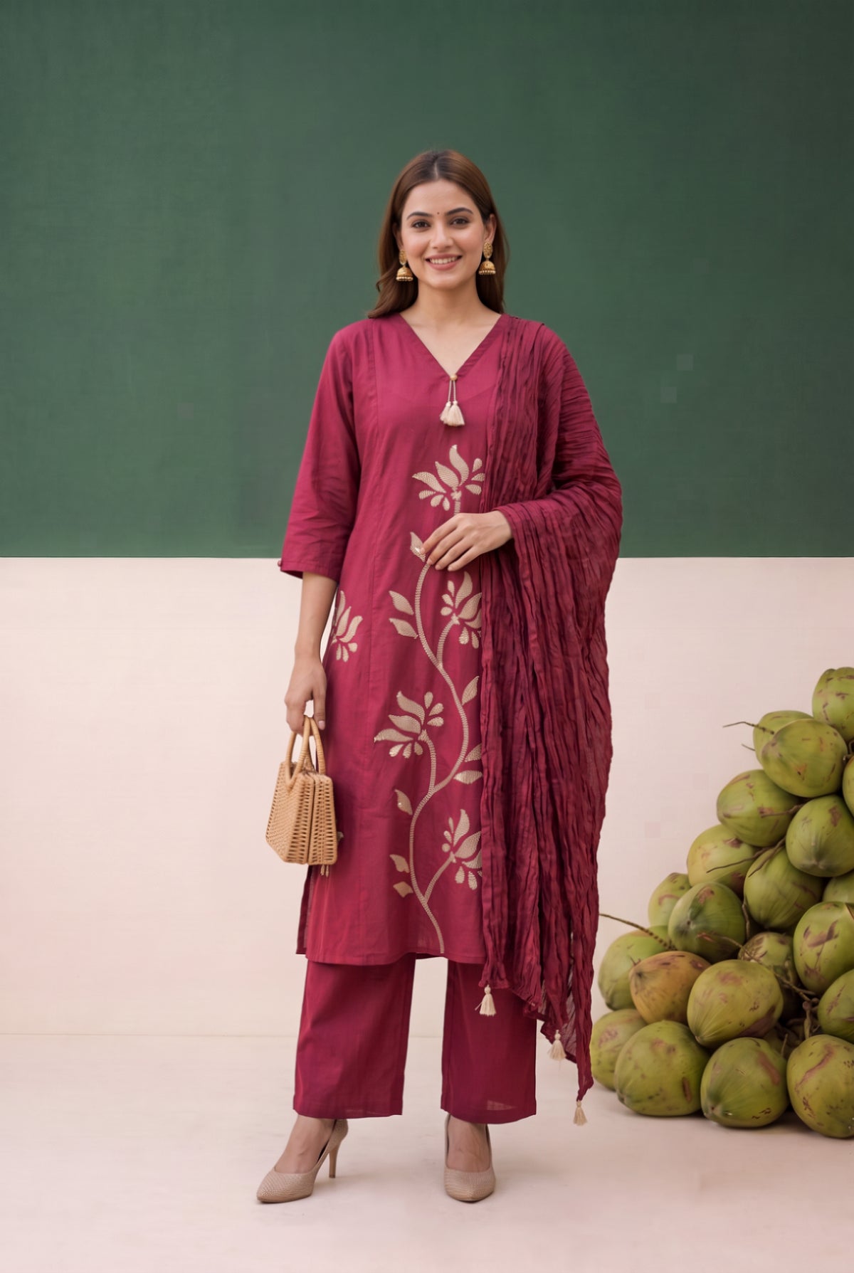 Maroon Artistic Floral Embroidered Cotton Kurta Set with Crushed Dupatta