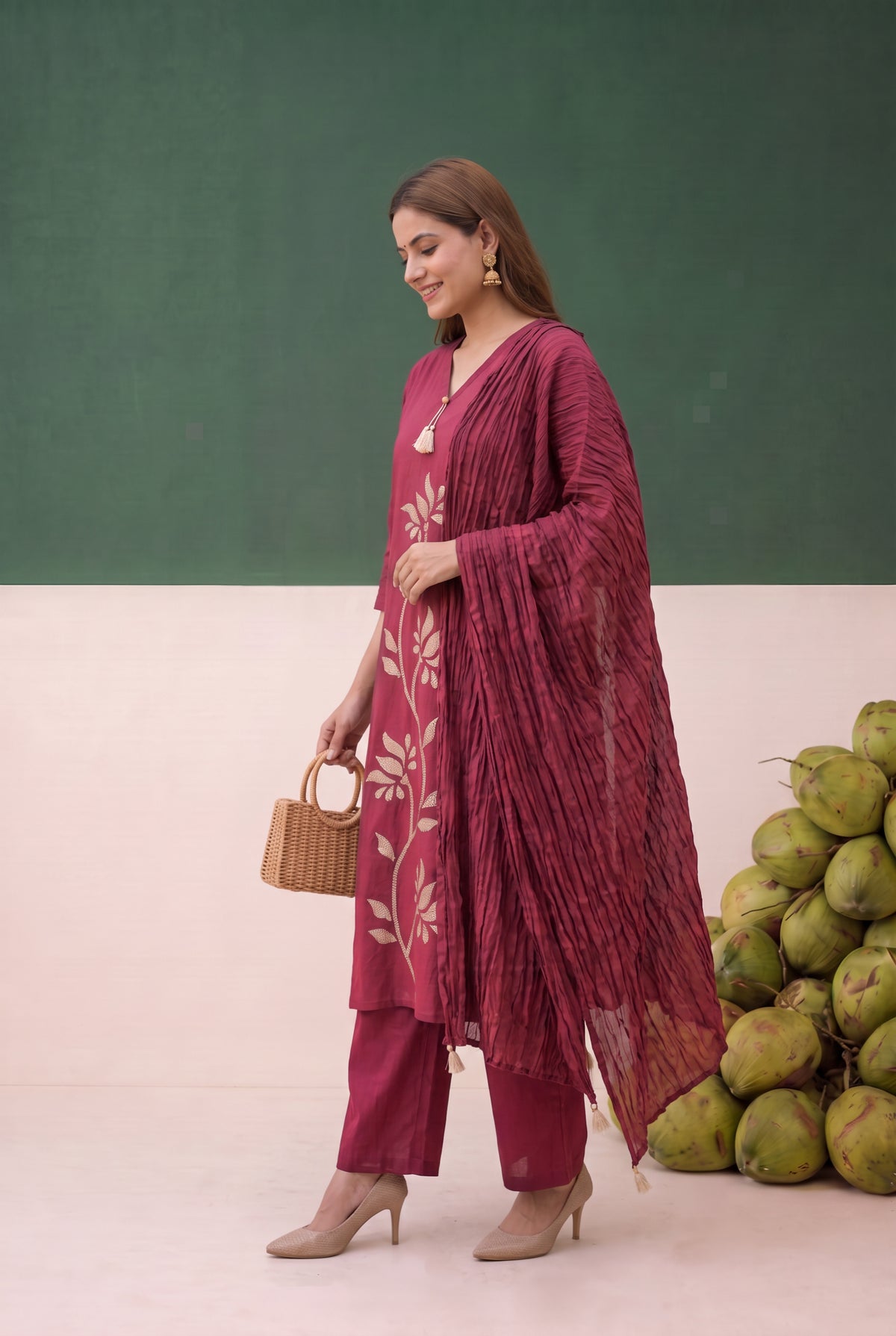 Maroon Artistic Floral Embroidered Cotton Kurta Set with Crushed Dupatta