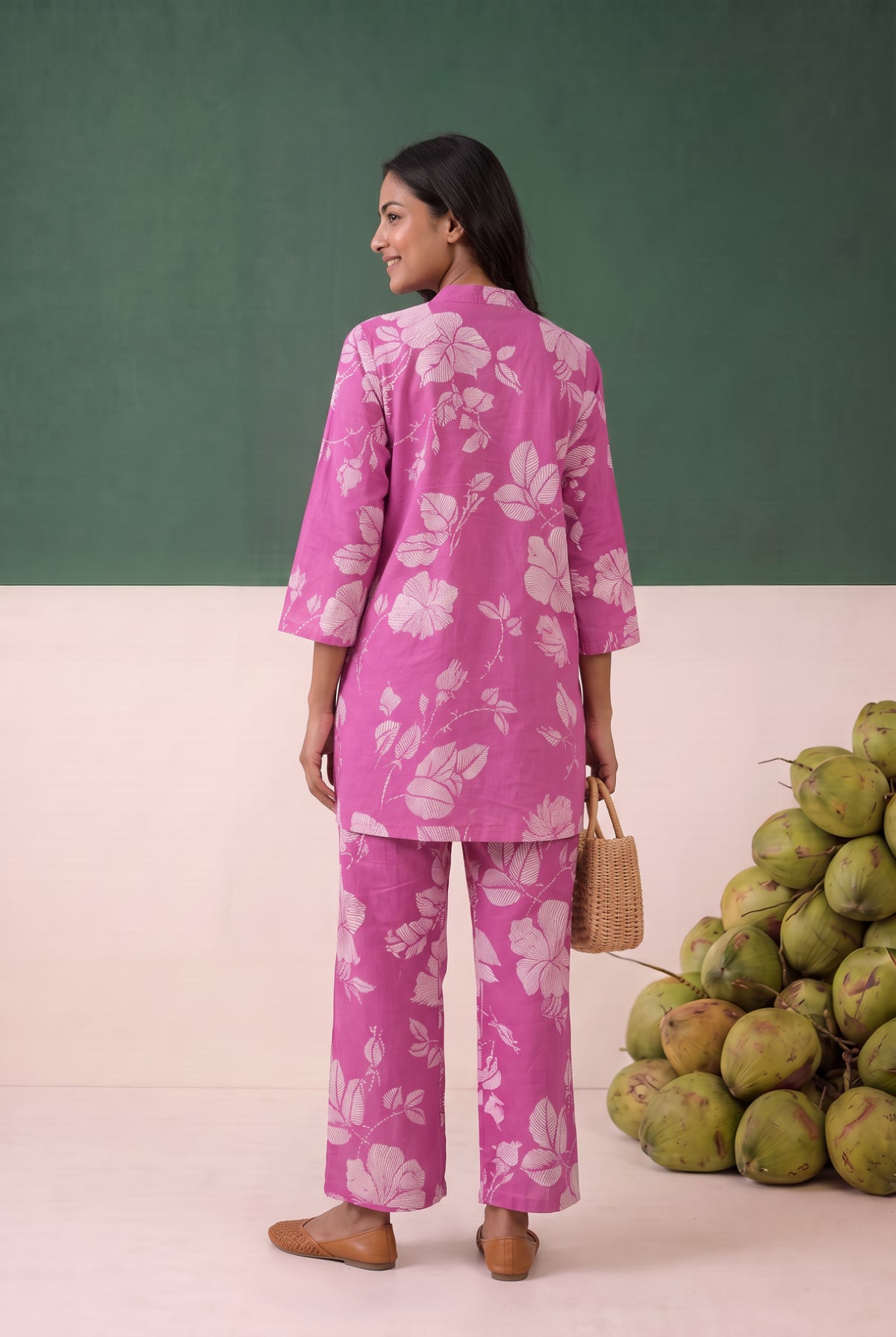 Pink All-Over Floral Foliage Printed Cotton Co-ord Set