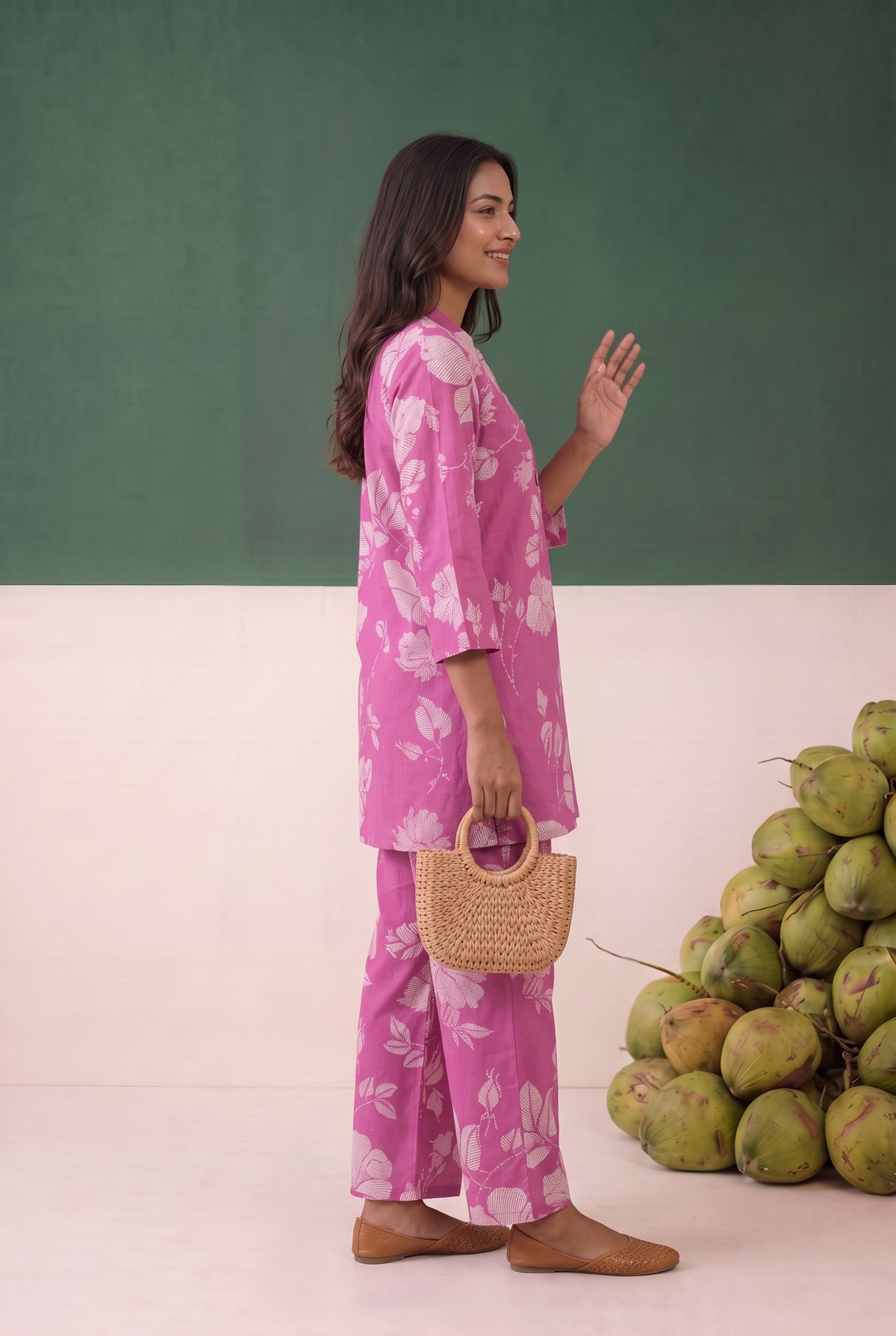 Pink All-Over Floral Foliage Printed Cotton Co-ord Set