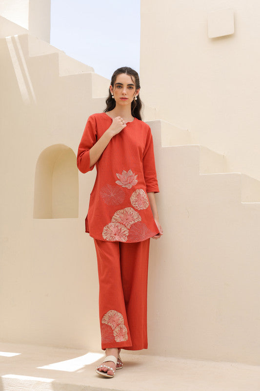 Tangerine Embroidery Cotton Flex Co-ord Set