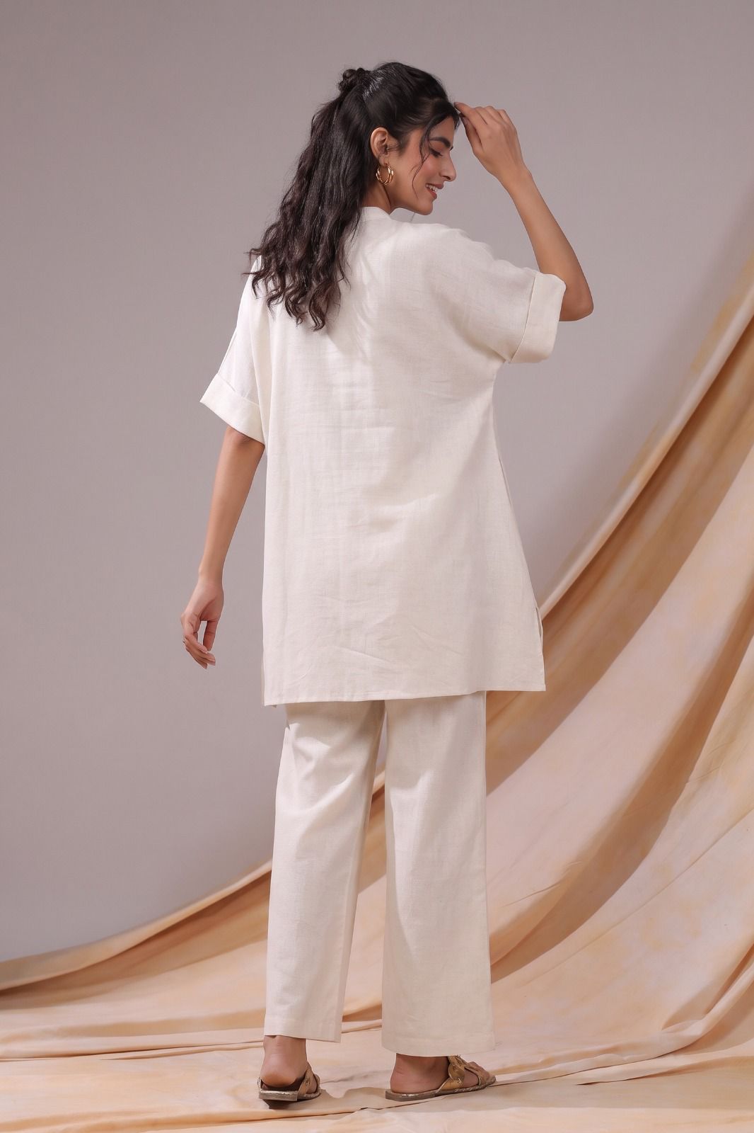 Off-White And Red Floral Print Tunic Cotton Flex Co-ord Set