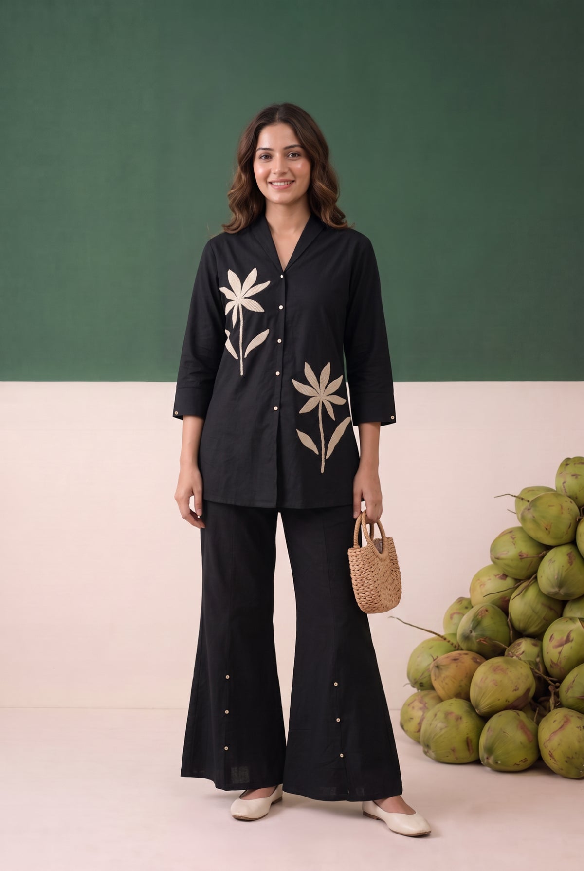 Black Dual Floral Motif Embroidered Cotton Flex Co-ord Set