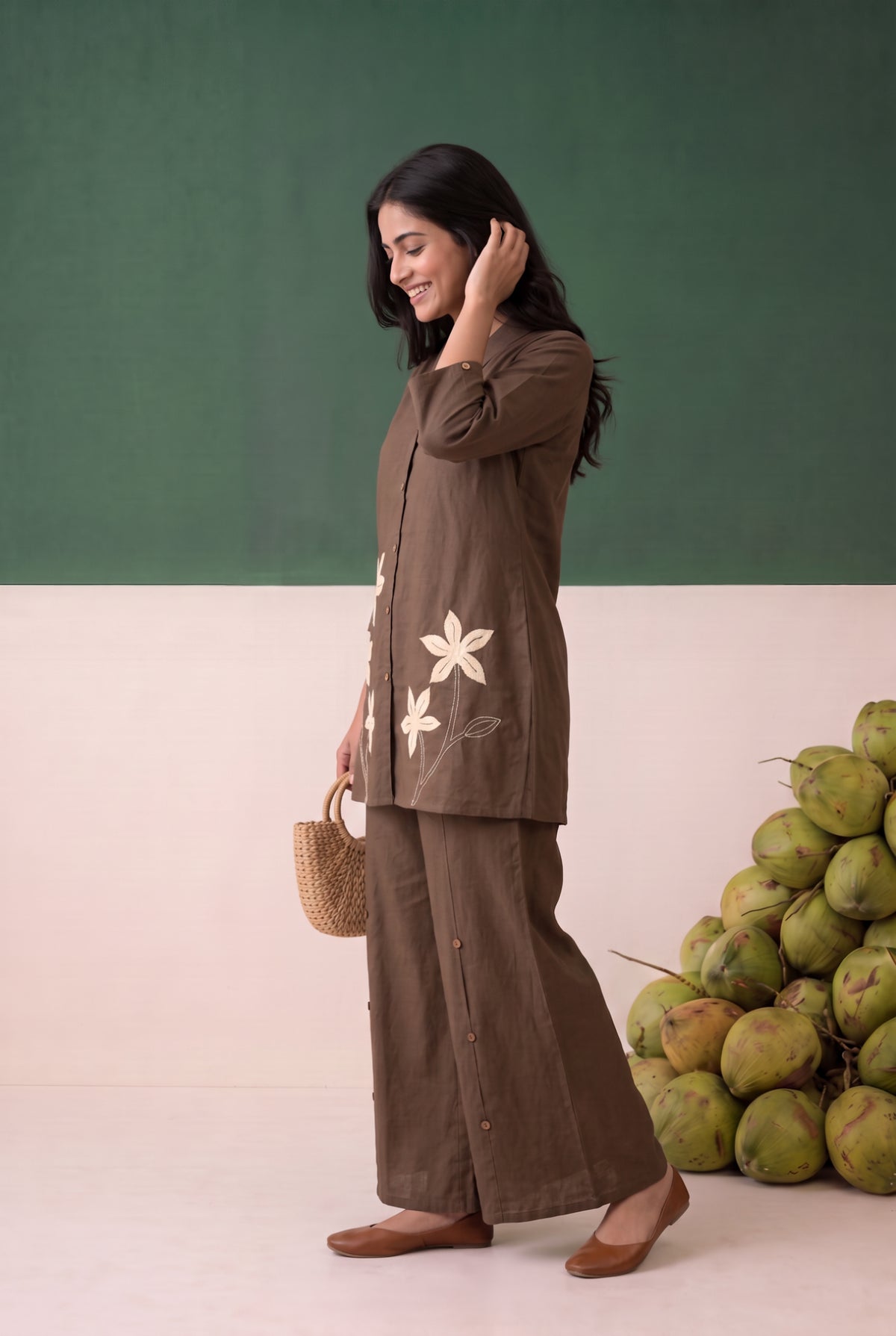 Brown Floral Embroidered Shirt Cotton Flex Co-ord Set