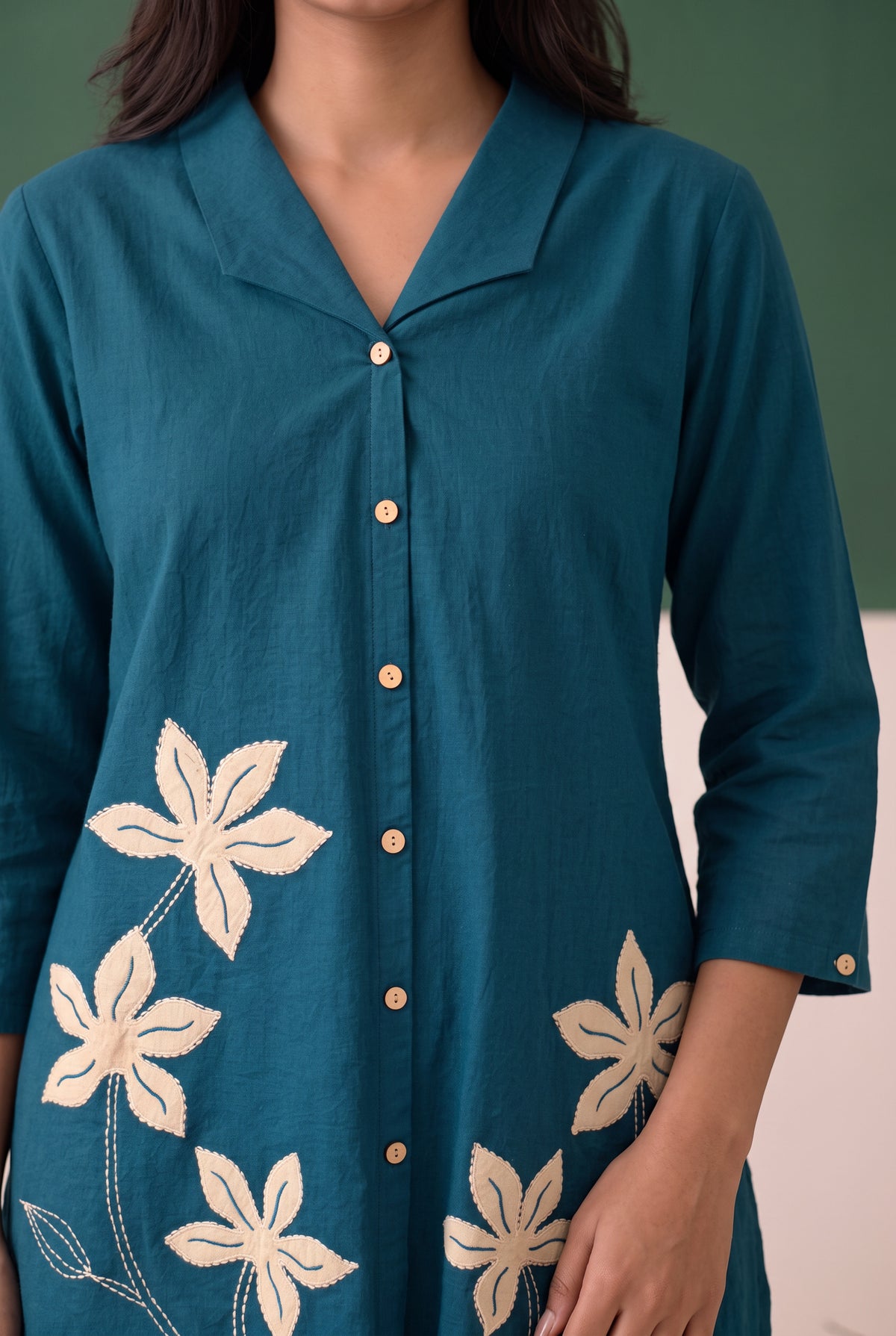 Teal Artistic Floral Detail Embroidered Cotton Flex Co-ord Set
