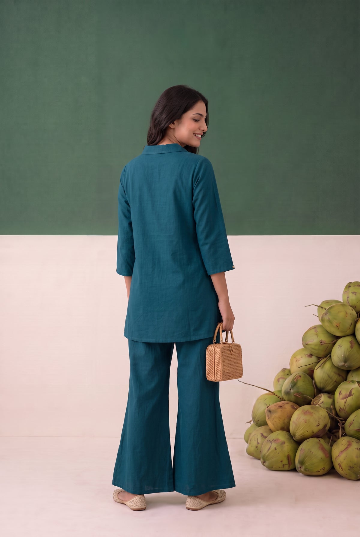 Teal Artistic Floral Detail Embroidered Cotton Flex Co-ord Set