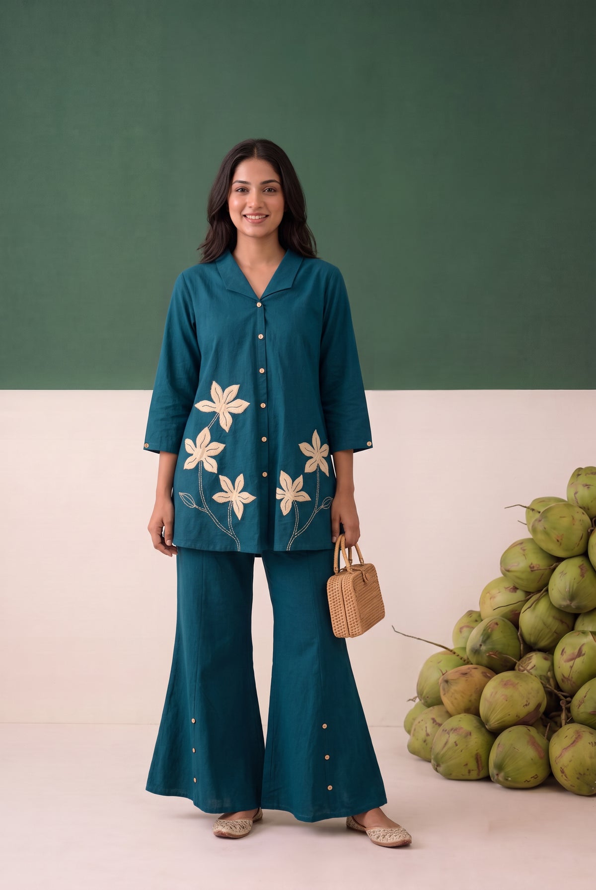 Teal Artistic Floral Detail Embroidered Cotton Flex Co-ord Set