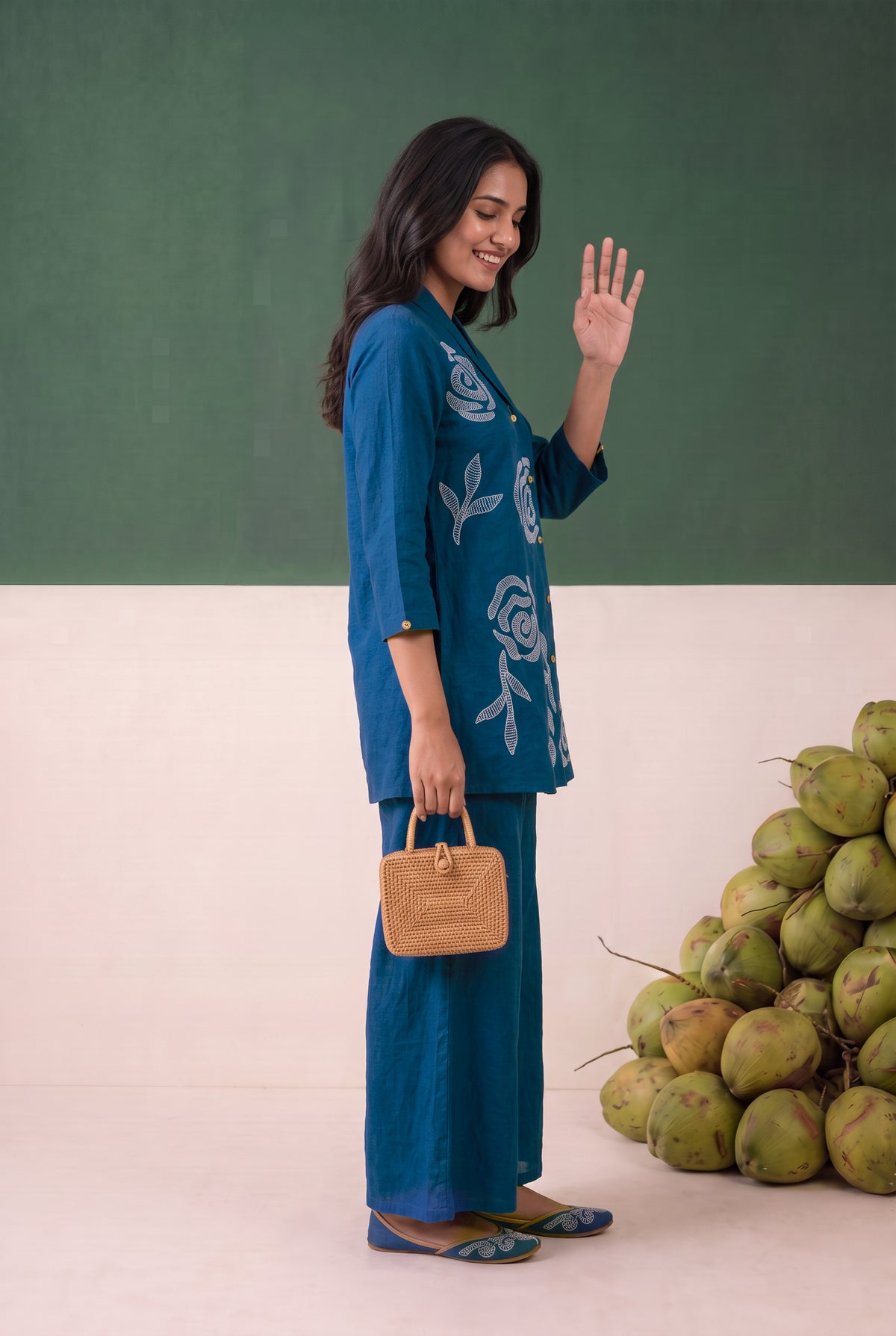 Blue Rose Embroidered Shirt Cotton Flex Co-ord Set