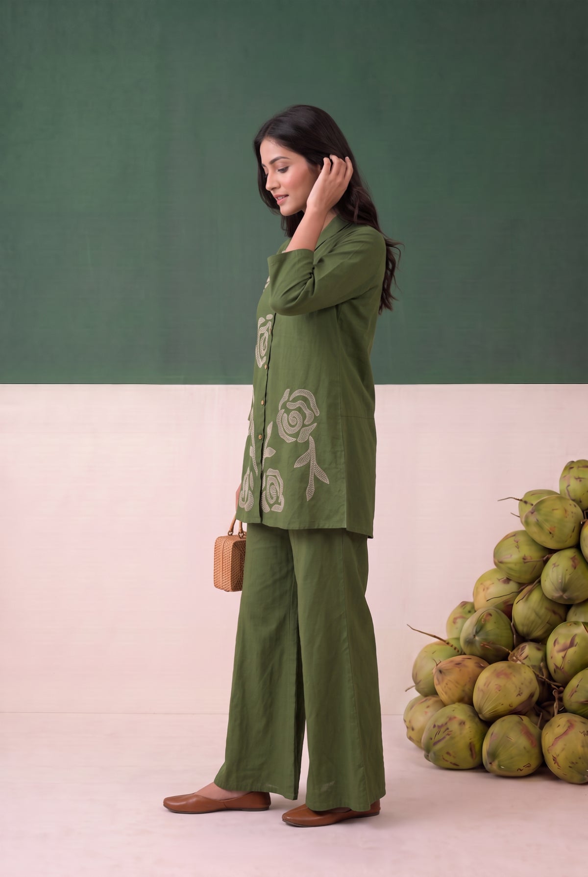 Green Contrast Rose Detail Embroidered Shirt Cotton Flex Co-ord Set