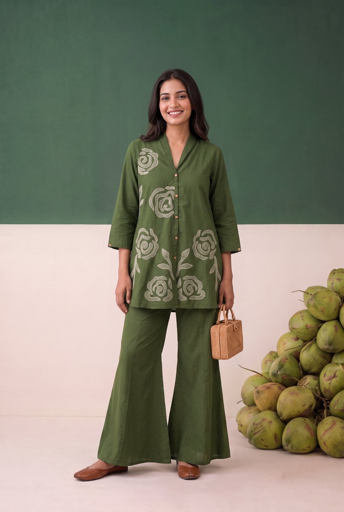 Green Contrast Rose Detail Embroidered Shirt Cotton Flex Co-ord Set