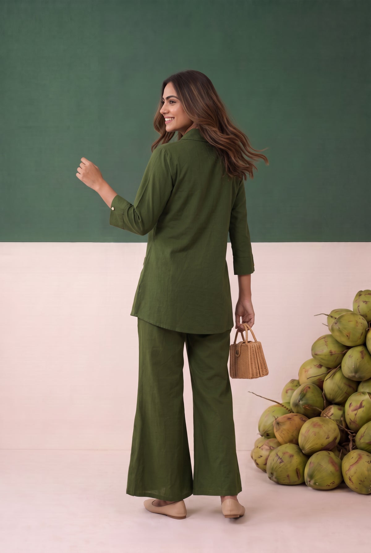 Green Botanical Motif Bloom Embroidered Cotton Flex Co-ord Set